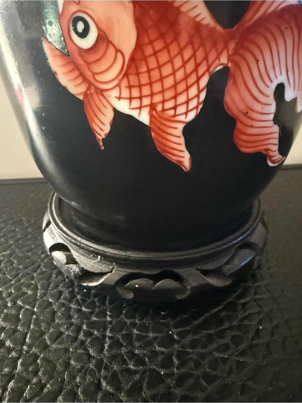Black Ceramic Vase with Orange Goldfish Motif